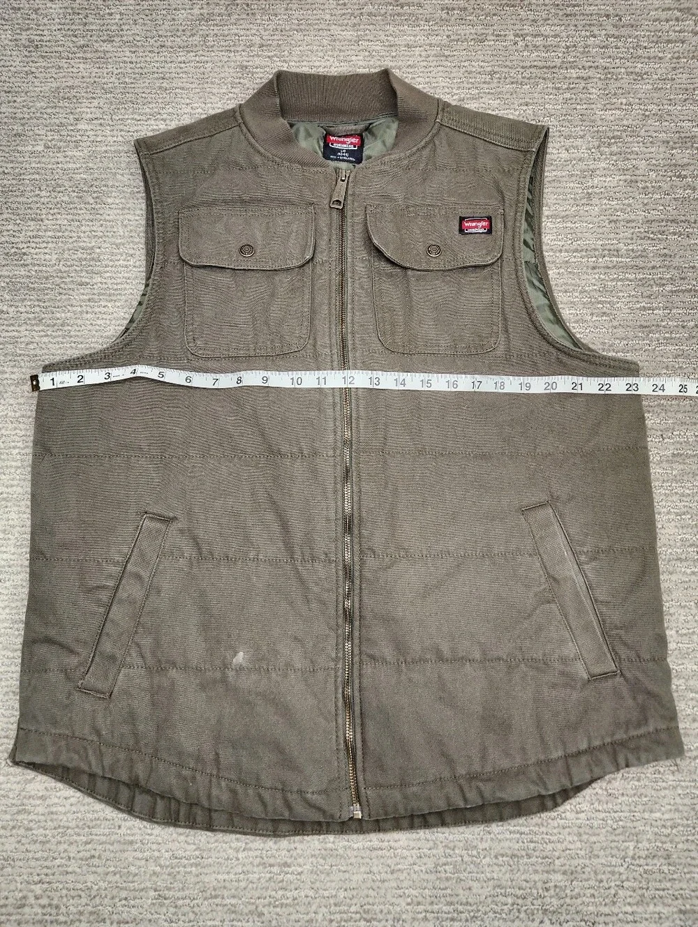 Wrangler Workwear Quilted Canvas Vest Mens Large Olive Green Full Zip Barn Chore